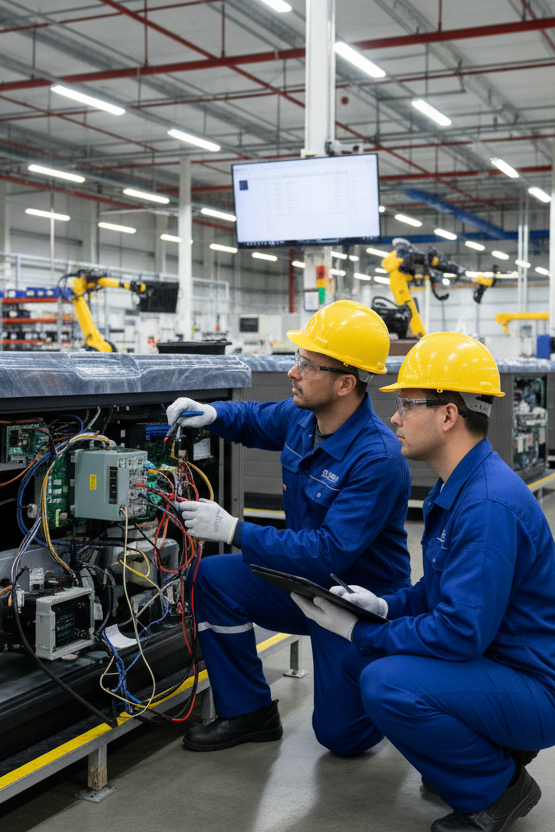 factory workers testing the electronics of an outdoor hot tub