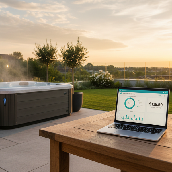 Ultra-realistic photo of a laptop on a wooden outdoor table beside an outdoor hot tub in the background. The laptop screen shows a modern energy cost dashboard with charts and a monthly estimate (generic UI, no brand names). Warm evening light, clean minimal backyard setting, premium look, no visible company logos, no readable brand text, 16:9 wide composition, professional commercial photography.